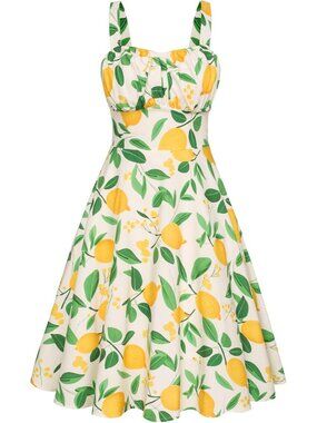 Women's Lemon Floral Vintage A-Line Midi Cocktail Dress Spaghetti Strap